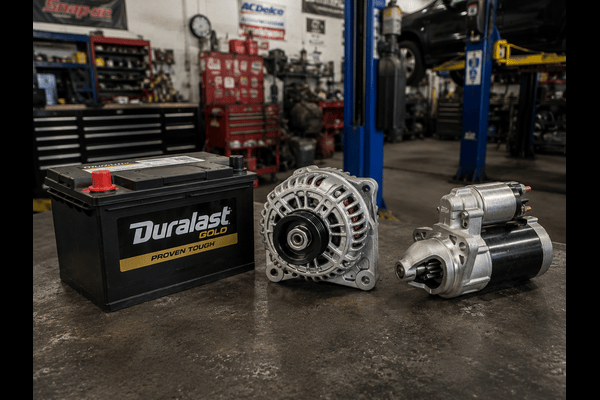 A car batter, an alternator and starter sitting on a table at a mechanic's shop
