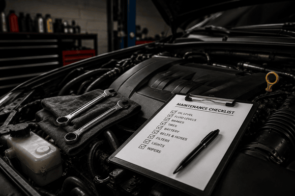 An open car hood exposing the engine with a maintenance log and check boxes