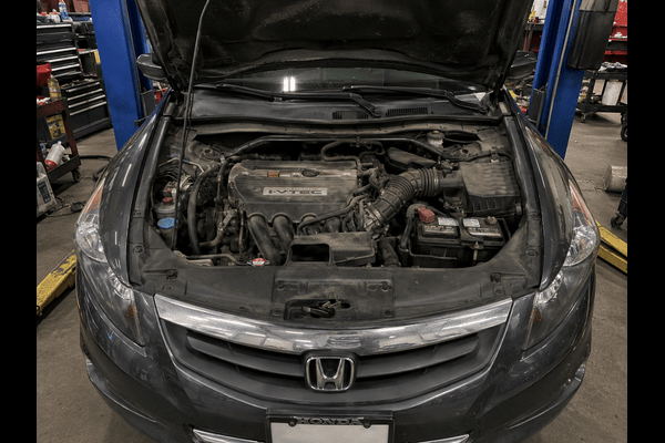 The hood popped on a Honda showing the engine before a repair